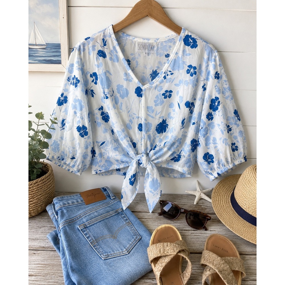 Women's  Blue Floral peplum  Tie Front Blouse Medium Cottagecore Boho feminine‎